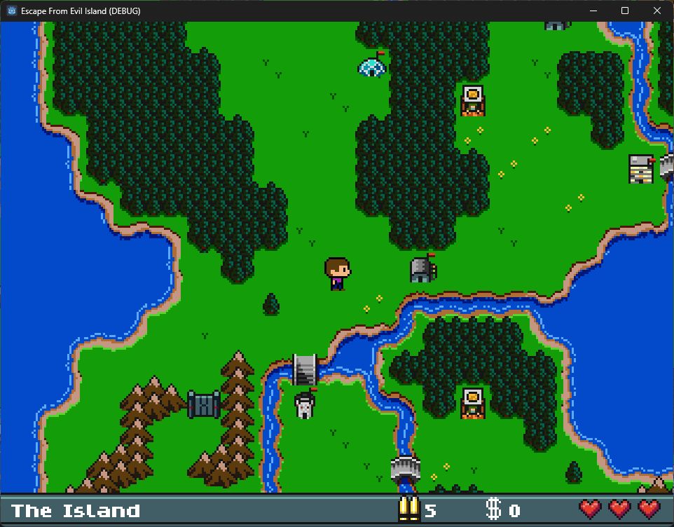 A screenshot showing the overworld map for Escape from Evil Island. The player is in the center of the screen, surrounded by trees. South of them is a river with a bridge, leading to a more mountainous area. There are several levels visible for the player to enter.