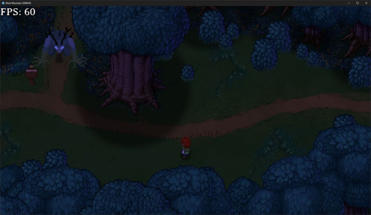 A screenshot of Black Mountain, showing Kiel standing in the darkness, looking at a large creature barring the way into the forest.