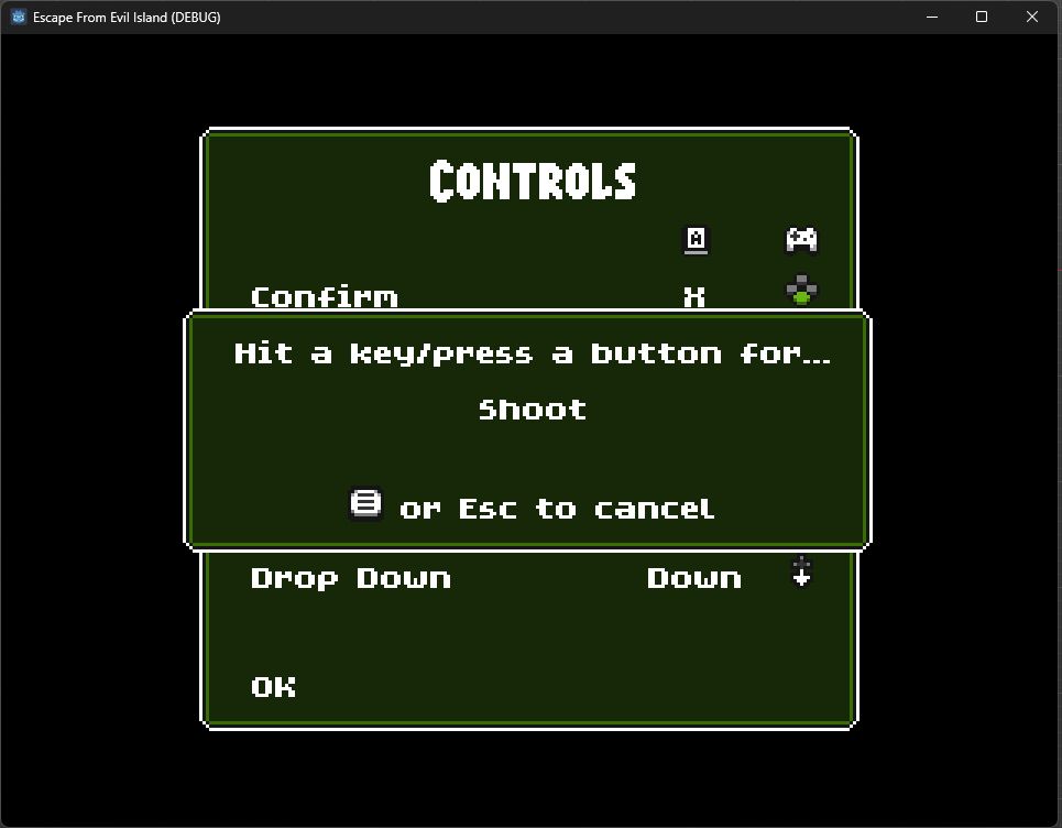 A screenshot of Escape from Evil Island's control remapping screen. In front of the main remapping screen there is now a separate pop up that says 'Hit a key/press a button for... Shoot'. It also says that you can hit Start or Esc to cancel.