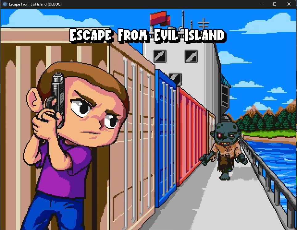 The title screen for Escape from Evil Island. In the foreground, the protagonist holds a gun and hides against a shipping container, looking over his shoulder at a zombie approaching along the deck of the ship they're on. In the distance, the island itself is visible, with a sandy shore, some grass, some trees, and some distance mountains. Text at the top of the screen says 'Escape from Evil Island'.