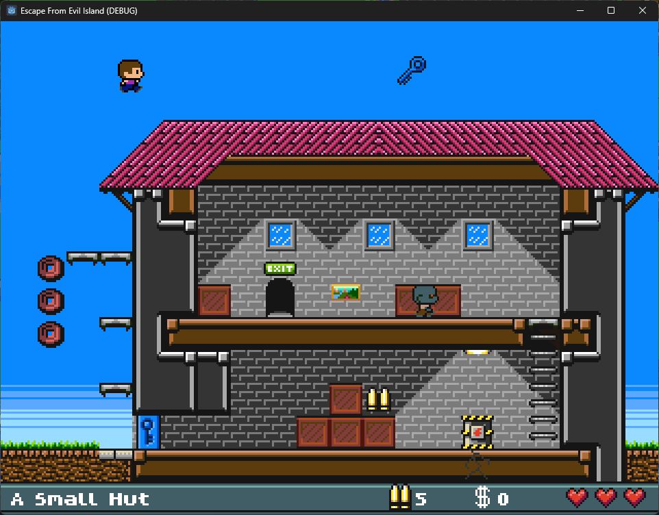 A screenshot showing a level, named "A Small Hut". It looks like a house with two floors, but it is locked with a blue door. The player has climbed onto the roof to retrieve a blue key.