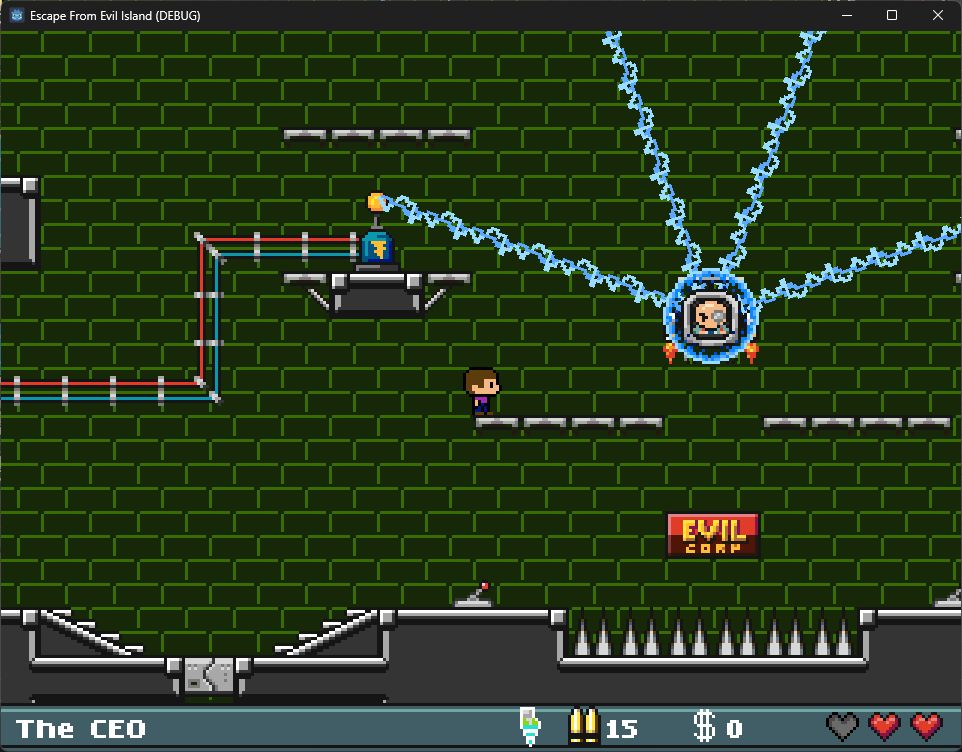 A screenshot of Escape from Evil Island. The status bar identifies this as 'The CEO', who is a bald, monocle-wearing man sitting in a flying robot surrounded by a forcefield.