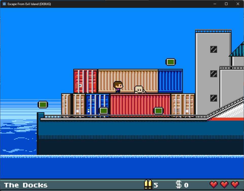 A screenshot of Escape from Evil Island. The player is standing on some shipping containers on the back of a ship. There are a number of green info terminals scattered around, and there is a skeleton lying on the ground in front of the player.